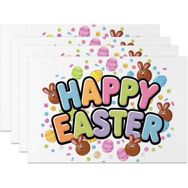 Aperturee Easter Set of 4 Placemats Colorful Bubble Text Chocolate Bunny, Happy Easter Confetti Table Mats, Vibrant Party Prop
