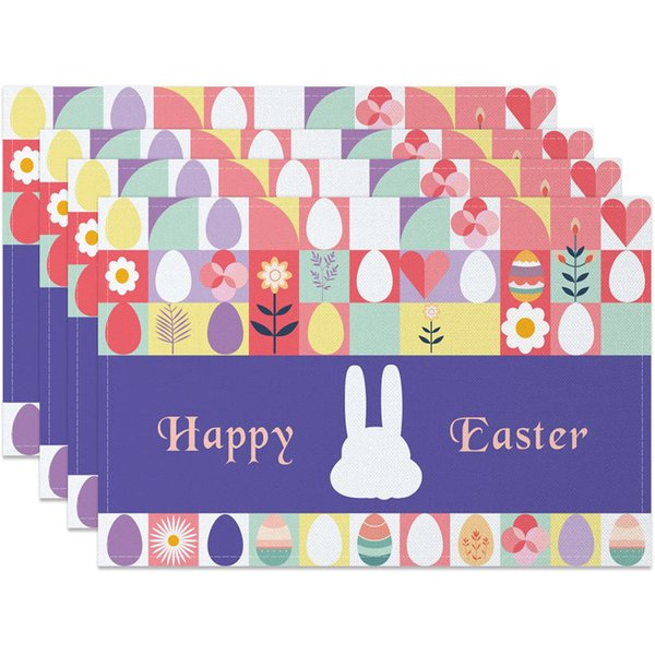 Aperturee Easter Set of 4 Placemats Geometric Modern Art Eggs, Purple Happy Easter Bunny Dining Table Mats, Bauhaus Style Prop