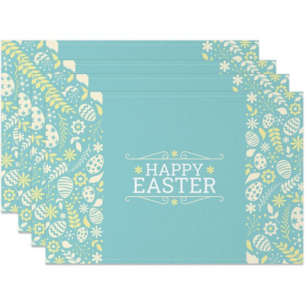 Aperturee Easter Set of 4 Placemats Teal Floral Silhouette, Vintage Pattern Happy Easter Dining Table Mats, Classic Design Prop