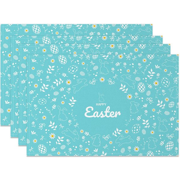 Aperturee Easter Set of 4 Placemats Teal Blue White Line Art, Happy Easter Bunny Floral Pattern Dining Table Mats, Modern Design Prop