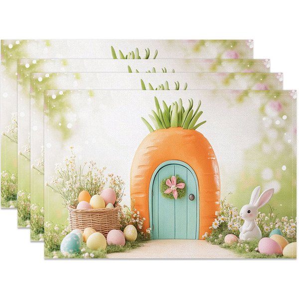 Aperturee Easter Set of 4 Placemats Fantasy Carrot House, White Bunny Basket Eggs Garden Dining Table Mats, Storybook Theme Prop