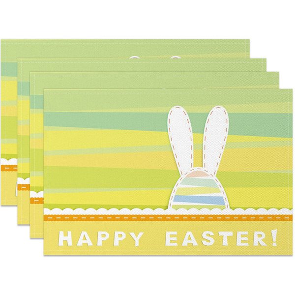 Aperturee Easter Set of 4 Placemats Yellow Green Stripes Bunny Ears, Happy Easter Spring Dining Table Mats, Colorful Graphic Prop