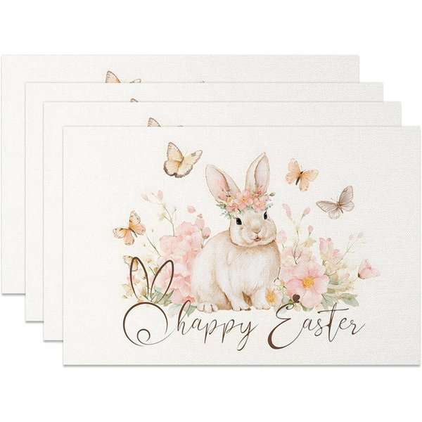 Aperturee Easter Set of 4 Placemats Watercolor Bunny Flower Crown, Happy Easter Butterfly Table Mats, Pastel Art Photo Prop