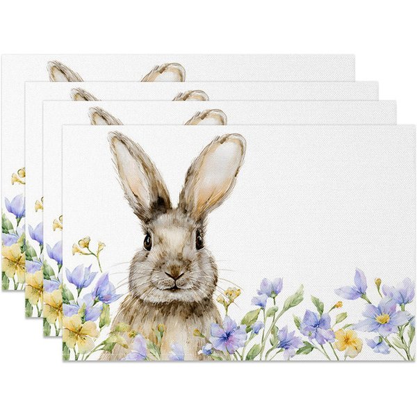 Aperturee Easter Set of 4 Placemats Watercolor Bunny Portrait, Spring Wildflower Garden Dining Table Mats, Fine Art Style Prop