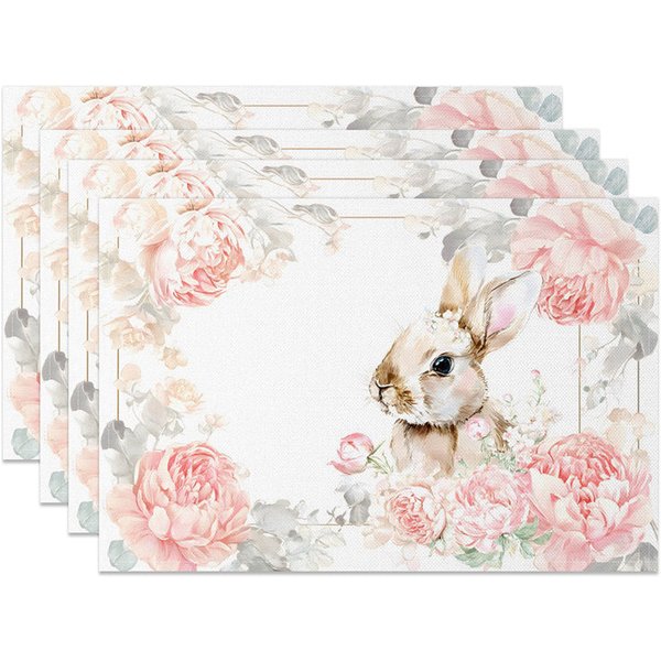 Aperturee Easter Set of 4 Placemats Pink Peony Gold Frame, Cute Bunny Flower Crown Dining Table Mats, Fine Art Floral Prop