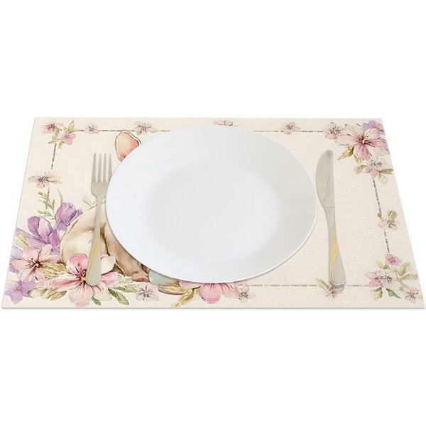 Aperturee Pink Blossom Easter Bunny Set of 4 Placemats, Sakura Blue Egg Rabbit Table Decor