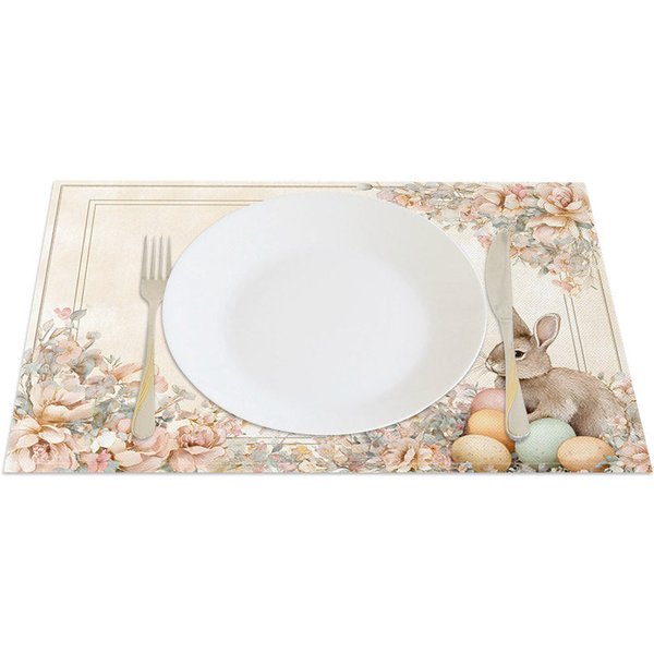 Aperturee Vintage Rose Easter Bunny Set of 4 Placemats, Retro Floral Rabbit Table Decor