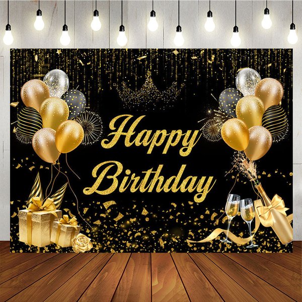 Aperturee Black Gold Balloons Champagne Happy Birthday Backdrop, 5X3FT(1.5X1M), 15.07 USD, birthday backdrops, MJHD0L00-E