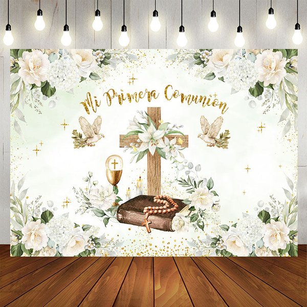 Aperturee Mi Primera Comunion Plant Floral Baptism Backdrop, 5X3FT(1.5X1M), 15.07 USD, baptism backdrops, MJHD0L03-E