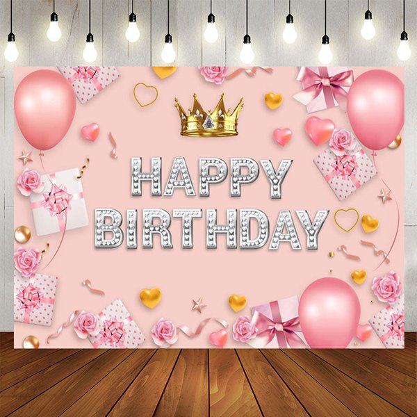 Aperturee Sweet Pink Crown Balloon Happy Birthday Backdrop, 5X3FT(1.5X1M), 15.07 USD, birthday backdrops, NYHD11316982-E