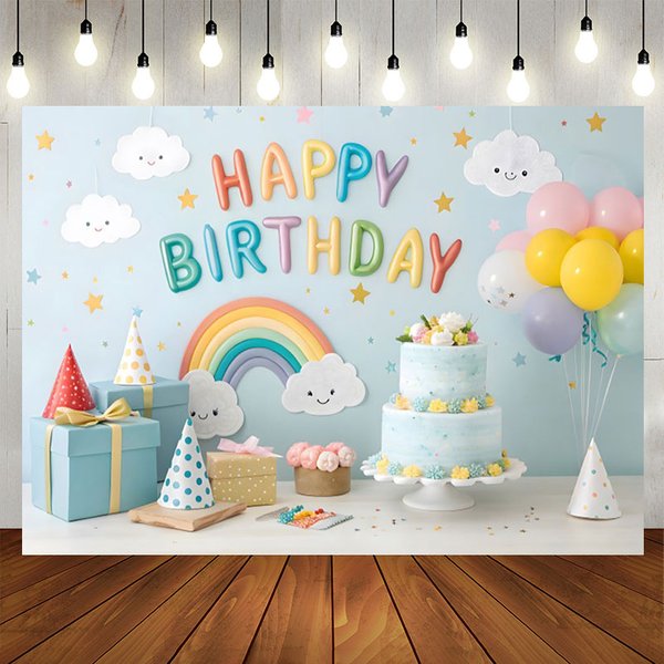 Aperturee Lovely Rainbow Balloon Cake Smash Birthday Backdrop, 5X3FT(1.5X1M), 15.07 USD, birthday backdrops, NYHD11429376-E