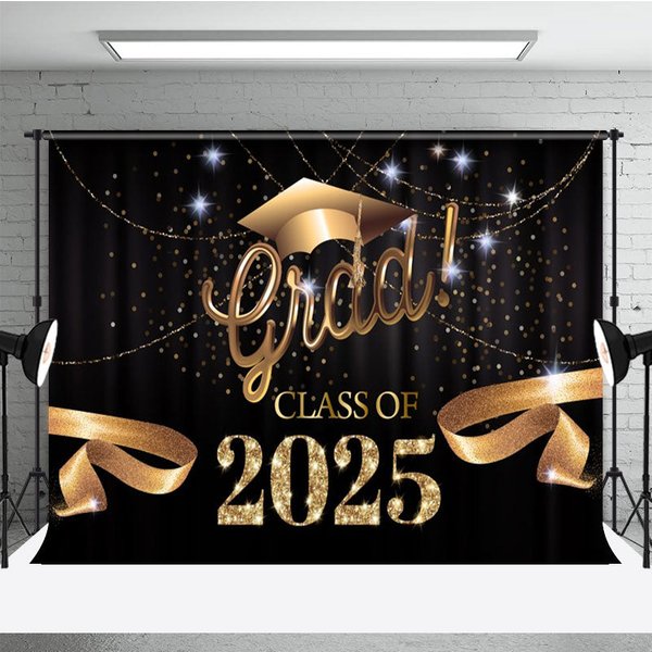 Aperturee Black Curtain Gold Ribbon Congrats Grad Backdrop, 3X2FT(1MX0.6M), 14 USD, graduation backdrops, NYHD11429458-M