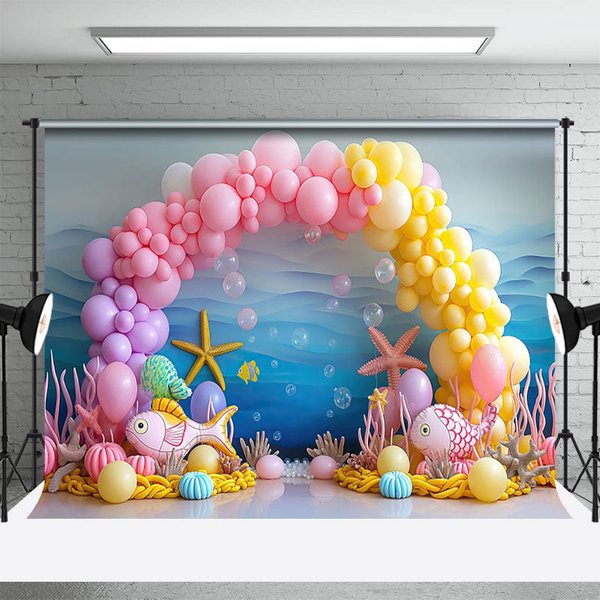 Aperturee Underwater World Balloon Arch Cake Smash Backdrop, 3X2FT(1MX0.6M), 14 USD, birthday cake smash backdrops, NYHD11429628-M