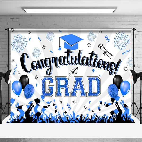 Aperturee White Beam Blue Sparkle Balloon Congrats Grad Backdrop, 3X2FT(1MX0.6M), 14 USD, graduation backdrops, NYHD11429705-M