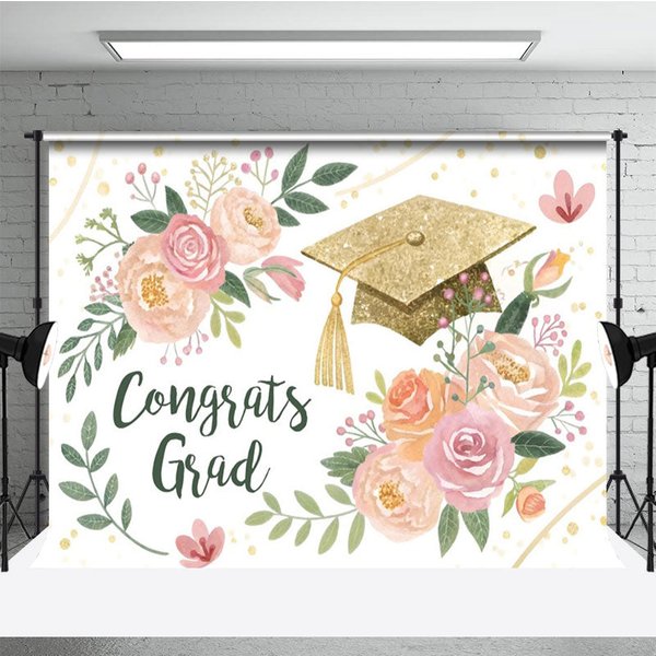 Aperturee Watercolor Floral Leaf Gold Cap Congrats Grad Backdrop, 3X2FT(1MX0.6M), 14 USD, graduation backdrops, NYHD11429725-M