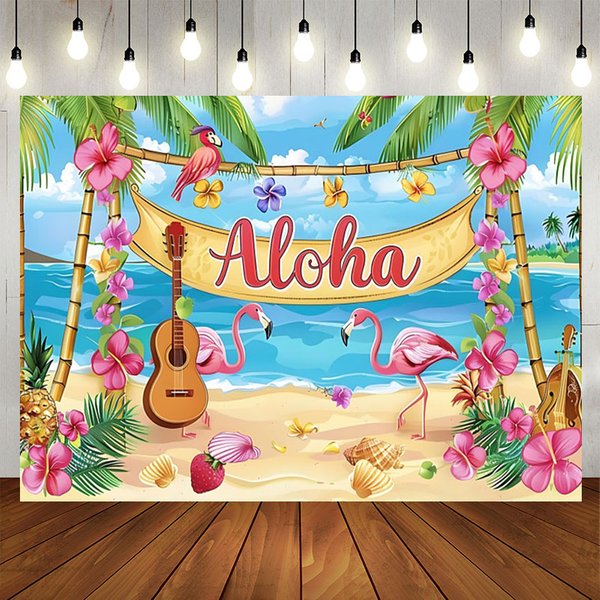 Aperturee Summer Hawaiian Flamingo Beach Birthday Backdrop, 5X3FT(1.5X1M), 15.07 USD, birthday backdrops, NYHD11429822-E