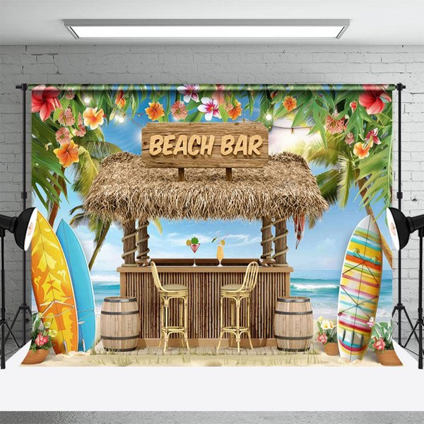 Aperturee Hawaiian Wooden Beach Bar Summer Vibe Photo Backdrop, 3X2FT(1MX0.6M), 14 USD, summer backdrops, NYHD11429849-M