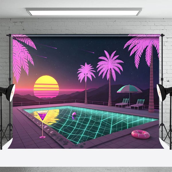 Aperturee Hawaii Hot Summer Night Outside Pool Party Backdrop, 3X2FT(1MX0.6M), 14 USD, summer backdrops, NYHD11430141-M