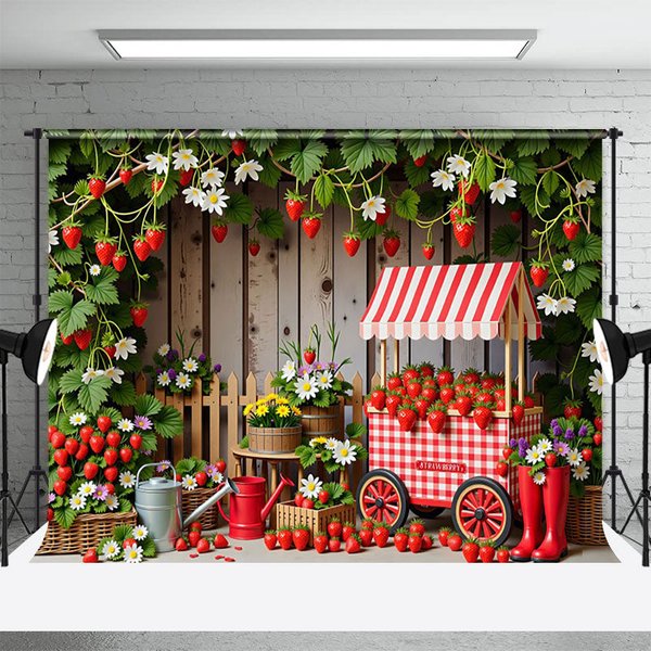 Aperturee Strawberry Orchard Cart Fence Photography Backdrop, 3X2FT(1MX0.6M), 14 USD, summer backdrops, NYHD11430172-M