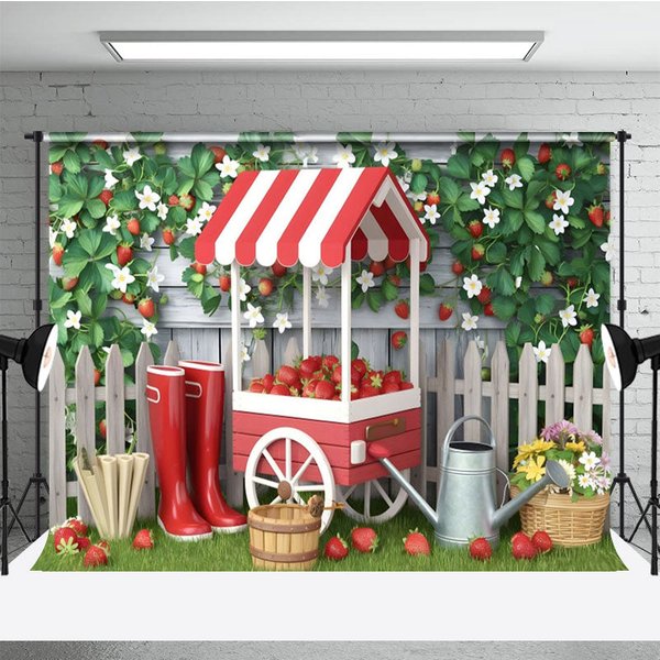Aperturee Strawberries Cart Outside The Fence Spring Backdrop, 3X2FT(1MX0.6M), 14 USD, spring backdrops, NYHD11430176-M