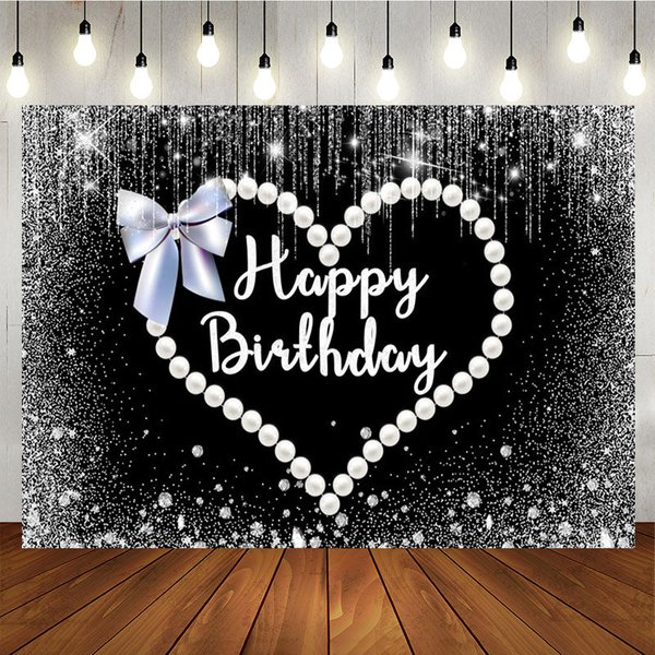 Aperturee Pearl Love Cute Bow Black Happy Birthday Backdrop, 5X3FT(1.5X1M), 15.07 USD, birthday backdrops, NYHD11430361-E