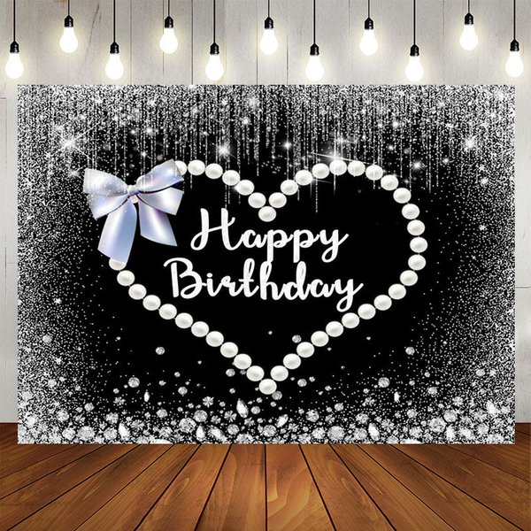 Aperturee Black Silver Pearls Heart Bow Birthday Backdrop, 5X3FT(1.5X1M), 15.07 USD, birthday backdrops, NYHD11430389-E