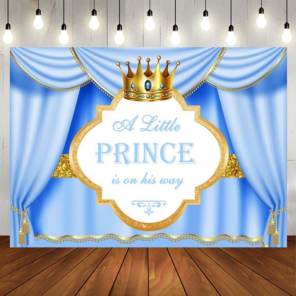 Aperturee Blue Gold Curtain Crown Prince Baby Shower Backdrop, 5X3FT(1.5X1M), 15.07 USD, baby shower backdrops, NYHD11430420-E