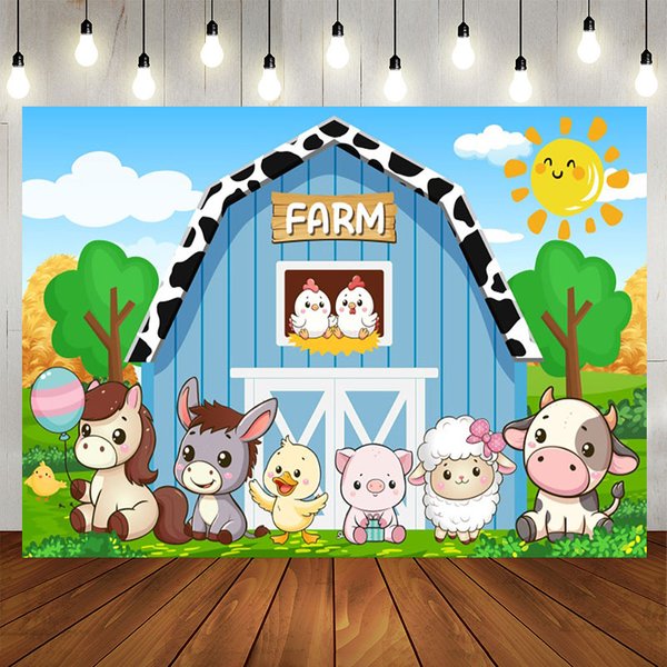 Aperturee Cartoon Farm With Animals Sunny Day Birthday Backdrop, 5X3FT(1.5X1M), 15.07 USD, birthday backdrops, NYHD11430427-E