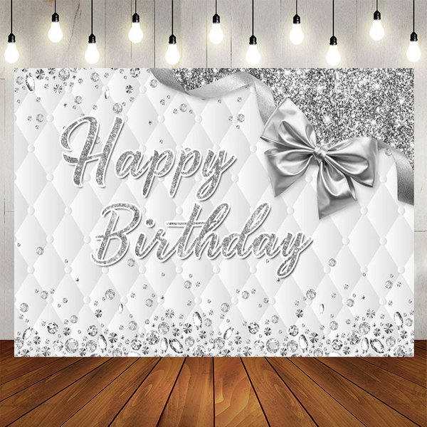 Aperturee Grey White Vibe Bow Glitter Happy Birthday Backdrop, 5X3FT(1.5X1M), 15.07 USD, birthday backdrops, NYHD11430442-E