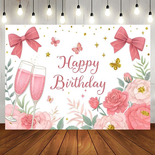 Aperturee Cheers To Birthday Bows Floral Birthday Backdrop, 5X3FT(1.5X1M), 15.07 USD, birthday backdrops, NYHD11430459-E