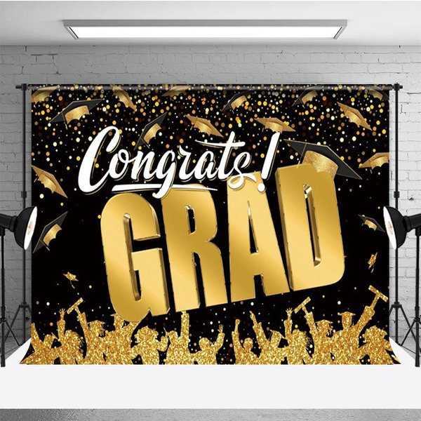Aperturee Black Gold Glitter Bachelor Cap Graduation Backdrop, 3X2FT(1MX0.6M), 14 USD, graduation backdrops, NYHD12808043-M