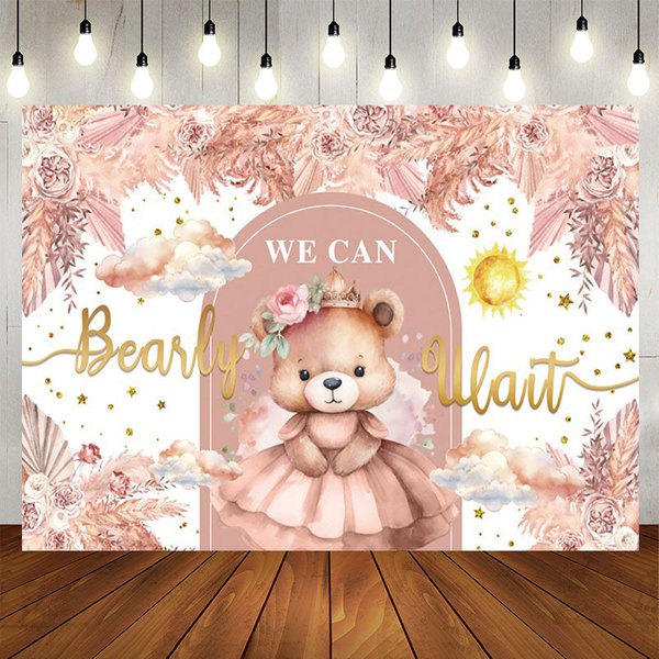 Aperturee Autumn Floral Teddy Bear Girl Baby Shower Backdrop, 5X3FT(1.5X1M), 15.07 USD, baby shower backdrops, NYHD13001020-E