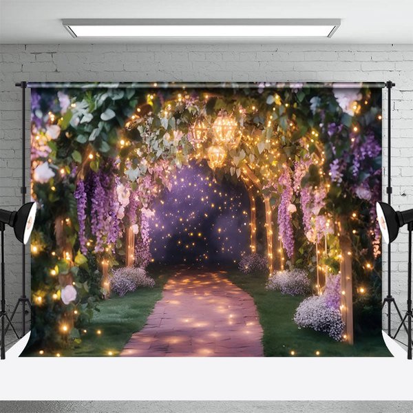 Aperturee Lavender Arch Alley Lighting Summer Night Backdrop, 3X2FT(1MX0.6M), 14 USD, summer backdrops, NYHD13001036-M