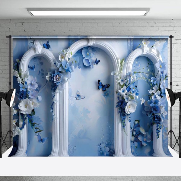 Aperturee Artistic White Blue Arch Wall Floral Wedding Backdrop | Photoshoot Background | Photography Studio Background | Photography Photo Background