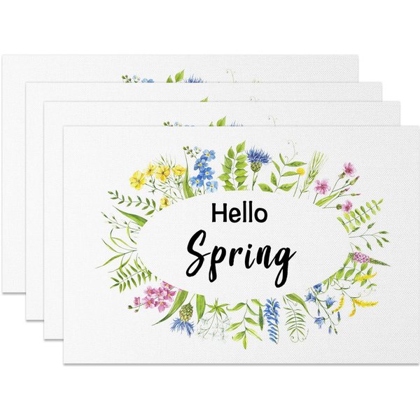 Aperturee Colorful Floral Plant Hello Spring Set Of 4 Placemats, 14x12 Inch, 15.8 USD, NYJY00360-S, placemats