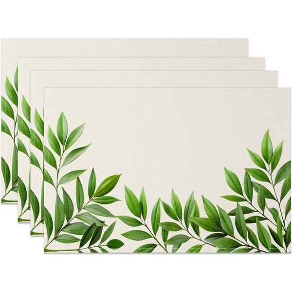Aperturee Green Spring Leaves Beige Dining Set Of 4 Placemats, 14x12 Inch, 15.8 USD, NYJY00361-S, placemats