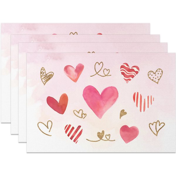 Aperturee Pink Painted Hearts Valentines Day Set Of 4 Placemats, 14x12 Inch, 15.8 USD, NYJY00369-S, placemats