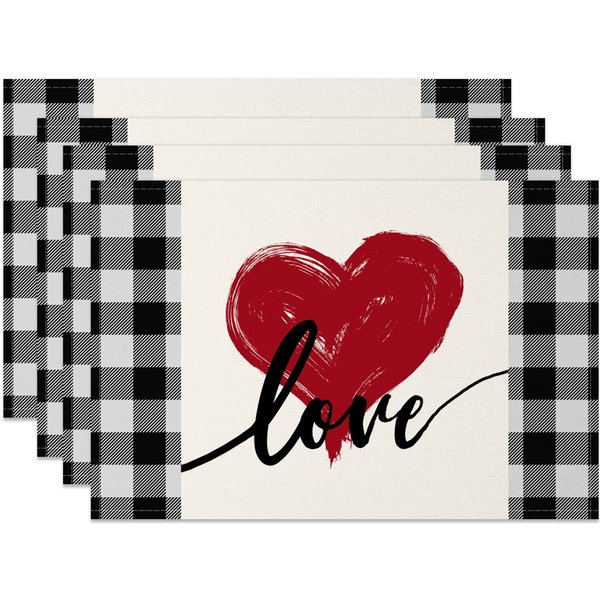 Aperturee Red Love Heart Valentines Day Set Of 4 Placemats, 14x12 Inch, 15.8 USD, NYJY00373-S, placemats
