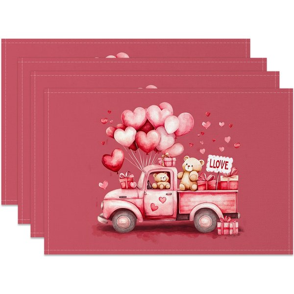 Aperturee Pink Balloon Truck Valentines Day Set Of 4 Placemats, 14x12 Inch, 15.8 USD, NYJY00377-S, placemats