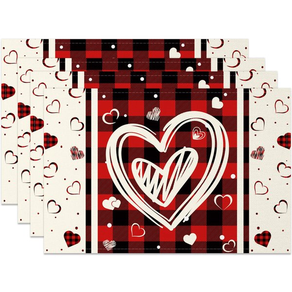 Aperturee Plaid Love Heart Valentines Day Set Of 4 Placemats, 14x12 Inch, 15.8 USD, NYJY00378-S, placemats