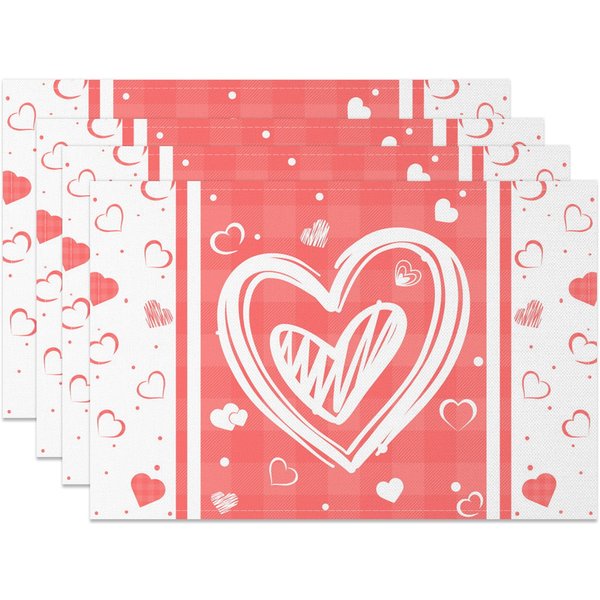 Aperturee White Pink Heart Valentines Day Set Of 4 Placemats, 14x12 Inch, 15.8 USD, NYJY00379-S, placemats