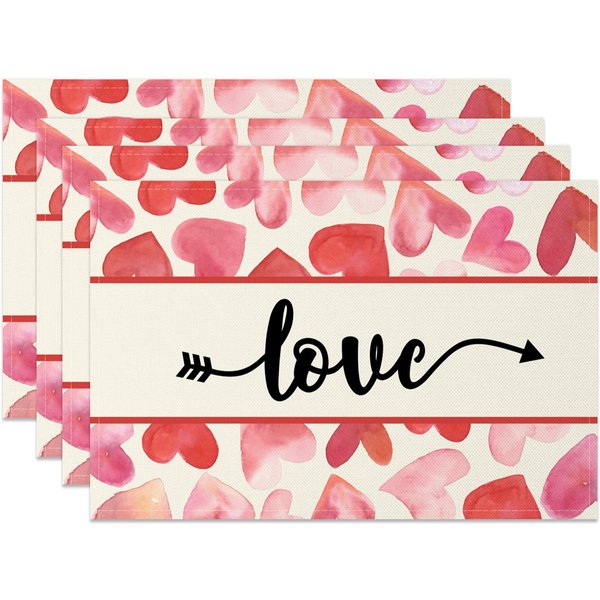 Aperturee Red Hearts Love Valentines Day Set Of 4 Placemats, 14x12 Inch, 15.8 USD, NYJY00380-S, placemats