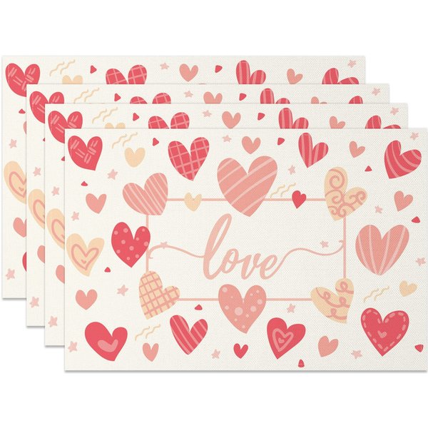 Aperturee Pink Hearts Love Valentines Day Set Of 4 Placemats, 14x12 Inch, 15.8 USD, NYJY00395-S, placemats