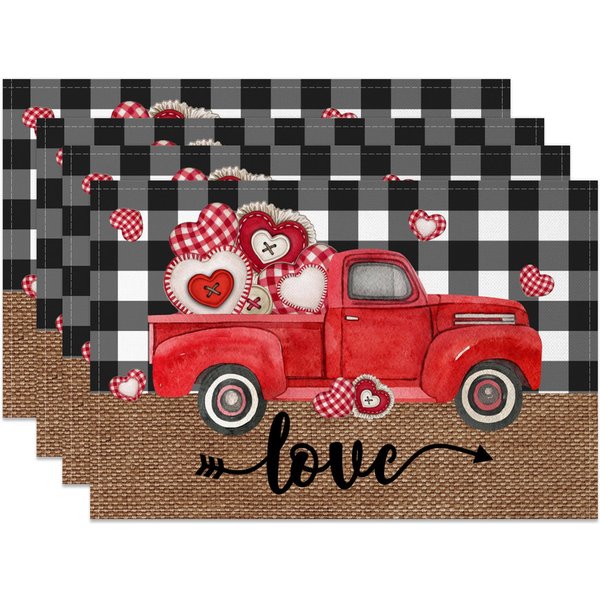 Aperturee Red Truck Plaid Valentines Day Set Of 4 Placemats, 14x12 Inch, 15.8 USD, NYJY00397-S, placemats