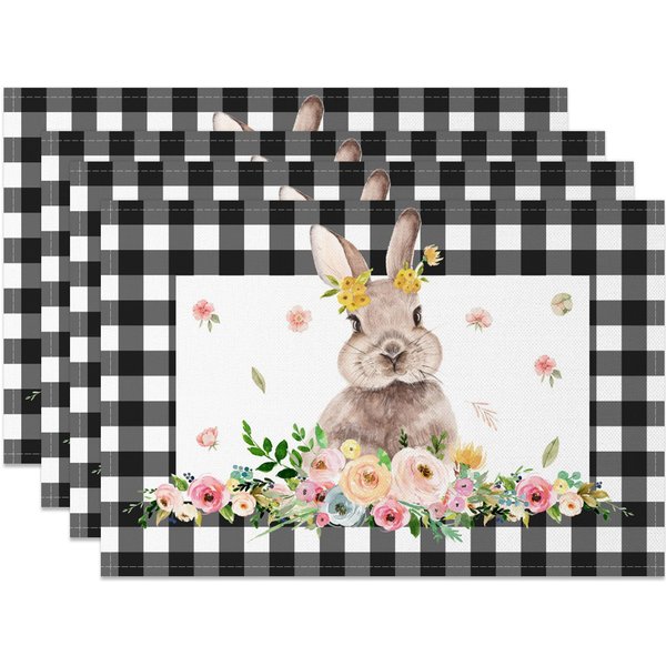 Aperturee Black Plaid Bunny Floral Easter Set Of 4 Placemats, 14x12 Inch, 15.8 USD, NYJY00403-S, placemats