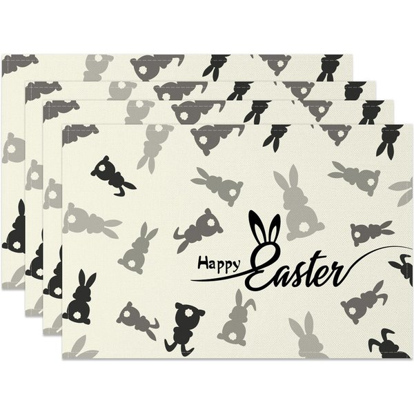 Aperturee Grey Black Bunny Happy Easter Set Of 4 Placemats, 14x12 Inch, 15.8 USD, NYJY00406-S, placemats