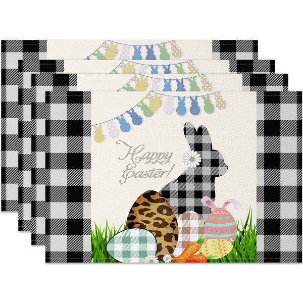 Aperturee Spring Grass Bunny Plaid Easter Set Of 4 Placemats, 14x12 Inch, 15.8 USD, NYJY00419-S, placemats