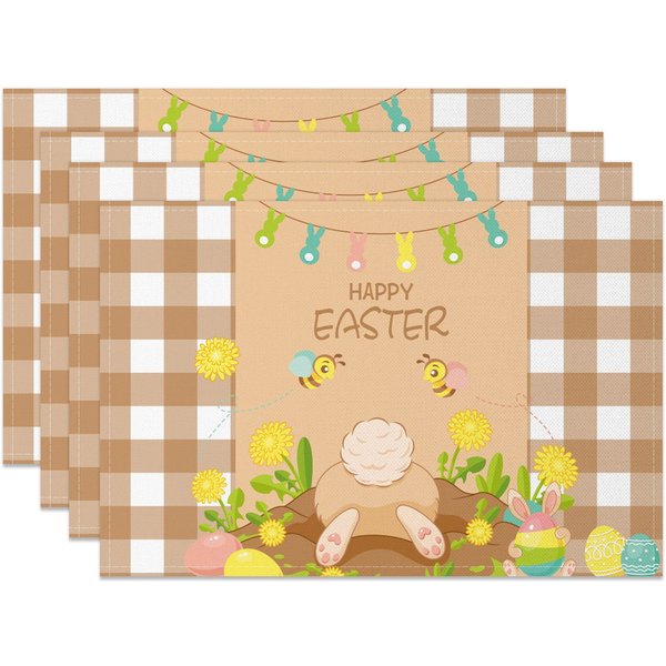 Aperturee Brown Plaid Bunny Spring Easter Set Of 4 Placemats, 14x12 Inch, 15.8 USD, NYJY00431-S, placemats