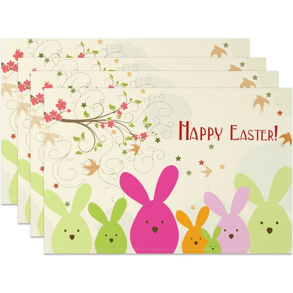 Aperturee Spring Vine Floral Bunny Easter Set Of 4 Placemats, 14x12 Inch, 15.8 USD, NYJY00437-S, placemats