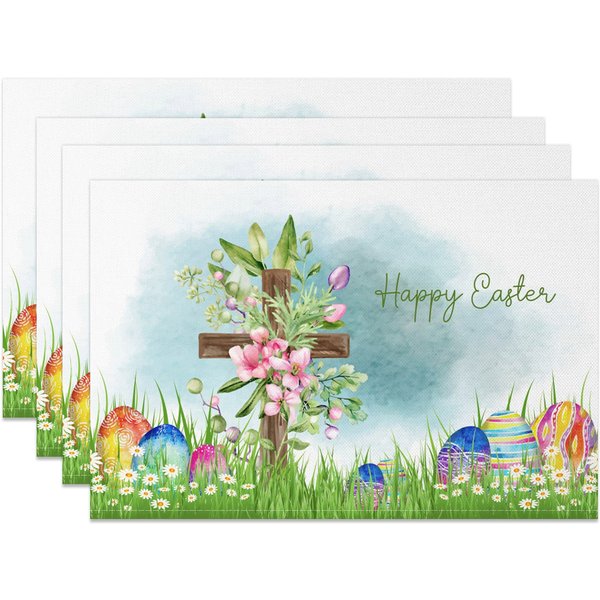 Aperturee Spring Grass Floral Cross Easter Set Of 4 Placemats, 14x12 Inch, 15.8 USD, NYJY00442-S, placemats
